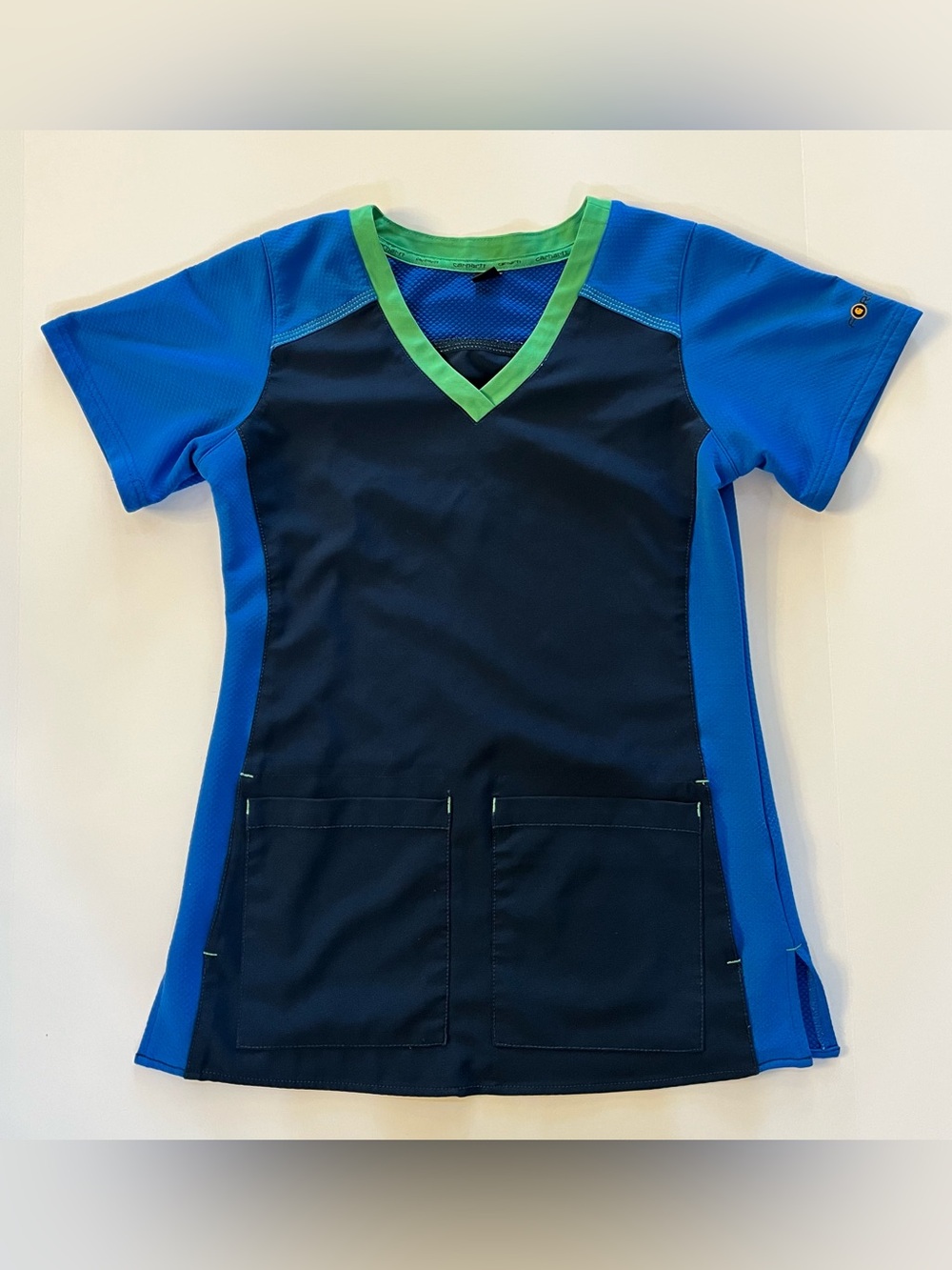 Carhartt Navy Bright Blue Green V-Neck Colorblock Scrub Top size XS